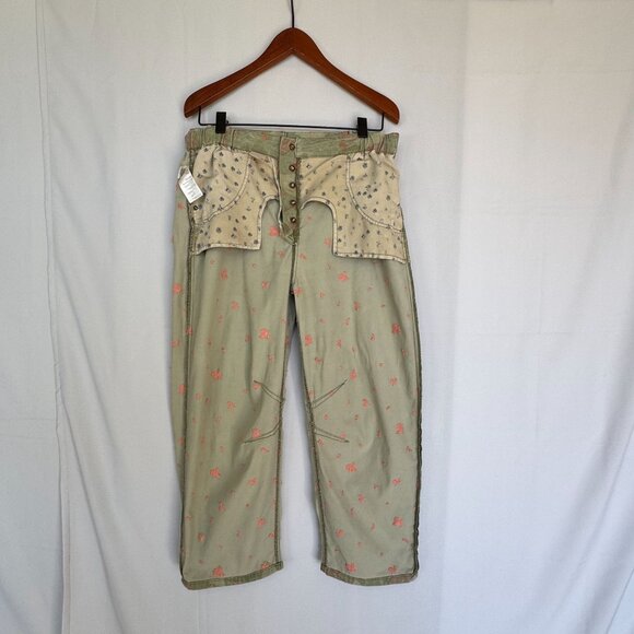 Amthropologie Pilcro The Arch Green Camo Floral Embroidery Barrel Crop Leg Pant - Picture 7 of 15